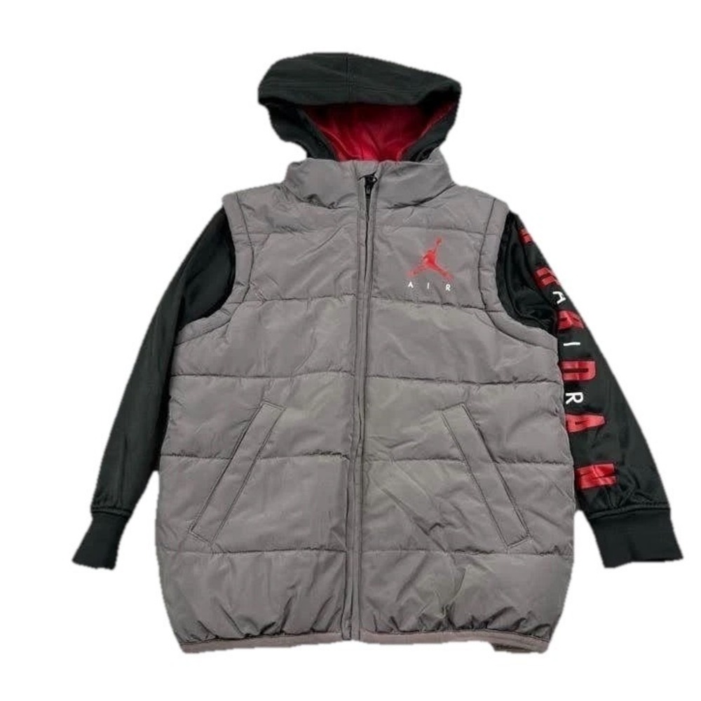Air Jordan Layered Look Hybrid Jacket Boys 6 Gray Black Logo Hooded Warm Wear